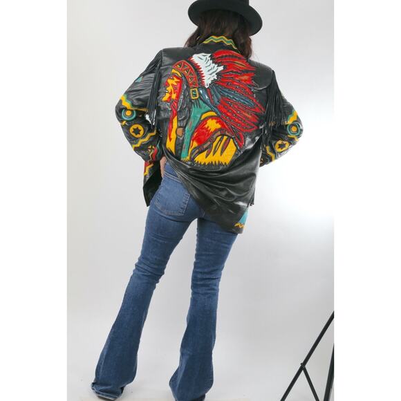 Vintage Gerunimu Leather Fringe Native American Indian Chief Blazer Jacket L - Picture 16 of 16